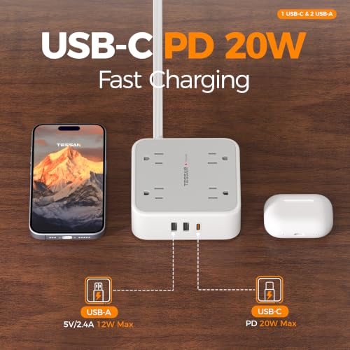 TESSAN Surge Protector Power Strip with 900J Surge Protection, 10 Ft, Grey - color: Grey with 1 USB C, size: 10 feet