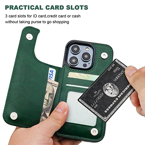 ONETOP for iPhone 14 Pro Wallet Case with Credit Card Holder,Green | Kickstand,ID/Cash Holder,Case Wallet with Card Slots,Double Magnetic Clasp,Durable PU Leather Shockproof Cover for Women Men - color: Green