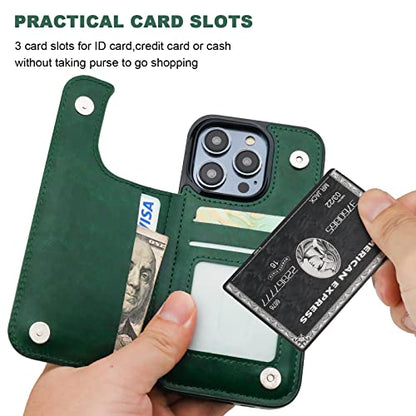 ONETOP for iPhone 14 Pro Wallet Case with Credit Card Holder,Green | Kickstand,ID/Cash Holder,Case Wallet with Card Slots,Double Magnetic Clasp,Durable PU Leather Shockproof Cover for Women Men - color: Green