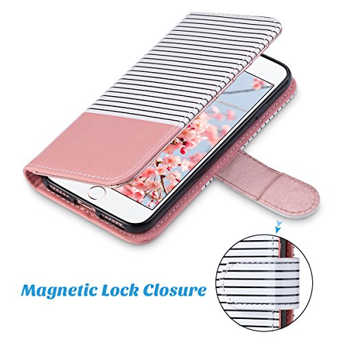 ULAK for iPhone SE 3(2022)/SE(2020)/8/7 Wallet Case Card Holder Pink Stripe | Premium PU Leather Flip Case with Kickstand Card Slots [RFID Blocking] Wrist Strap, Durable Shockproof Cover 4.7 Inch - color: Pink BL Stripe