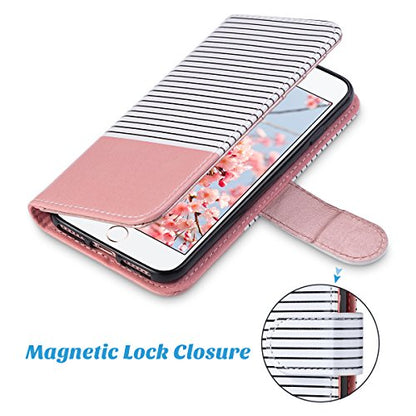 ULAK for iPhone SE 3(2022)/SE(2020)/8/7 Wallet Case Card Holder Pink Stripe | Premium PU Leather Flip Case with Kickstand Card Slots [RFID Blocking] Wrist Strap, Durable Shockproof Cover 4.7 Inch - color: Pink BL Stripe