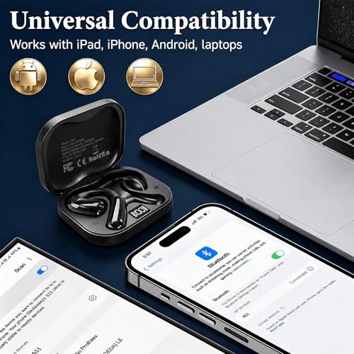 Open Ear Headphones, Wireless Headphones with Smart Digital Display & Mic - color: Black