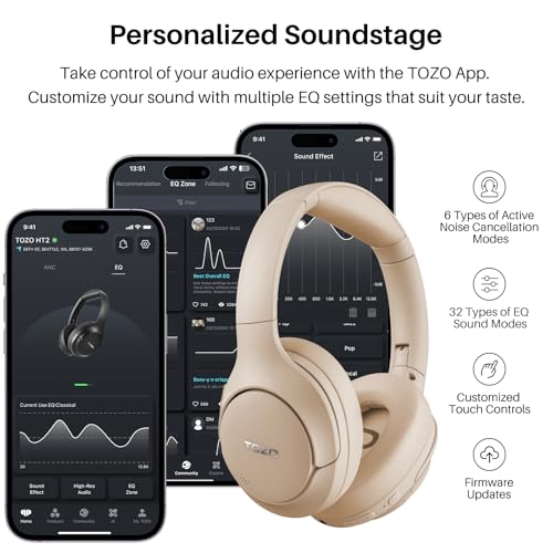 TOZO Hybrid Active Noise Cancelling Headphones, Hi Res Audio - color: Khaki