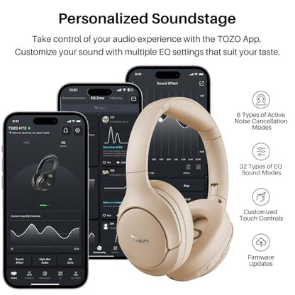 TOZO Hybrid Active Noise Cancelling Headphones, Hi Res Audio - color: Khaki