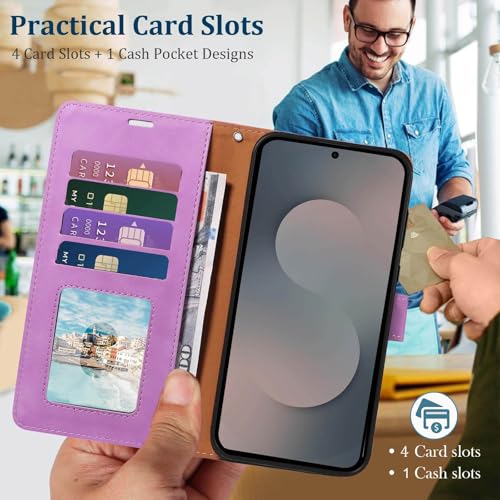 RFID Blocking for Samsung Galaxy S25 FE Case Wallet (Purple) | 4 Card Slots, Soft PU Leather, TPU Inner Shell, Wrist Strap, Stand, Magnetic Folio Flip Cover, Shockproof Protective - color: Purple