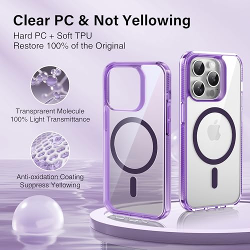 Supdeal Magnetic Clear Case for iPhone 13 Pro, [Compatible with MagSafe] [Non Slip Bumper & Not Yellowing] Military Grade Shockproof Transparent Silicone Phone Cover, 6.1", Purple - color: Purple, size: iPhone 13 Pro