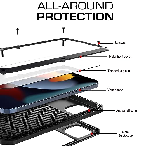 Compatiable with iPhone 15 Plus Case,360 Full Body Protective Cover Heavy Duty Shockproof Tough Armour Aluminum Alloy Metal Case with Silicone Built-in Screen Protector - Black