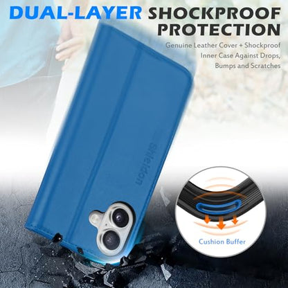 SHIELDON Genuine Leather Case Wallet for iPhone 17 6.3" 2025, Sapphire Blue | Folio Magnetic Closure, RFID Blocking, Credit Card Holder, Kickstand, Shock Absorbing Protective Cover for Men Women - color: Sapphire Blue