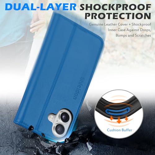 SHIELDON Genuine Leather Case Wallet for iPhone 17 6.3" 2025, Sapphire Blue | Folio Magnetic Closure, RFID Blocking, Credit Card Holder, Kickstand, Shock Absorbing Protective Cover for Men Women - color: Sapphire Blue