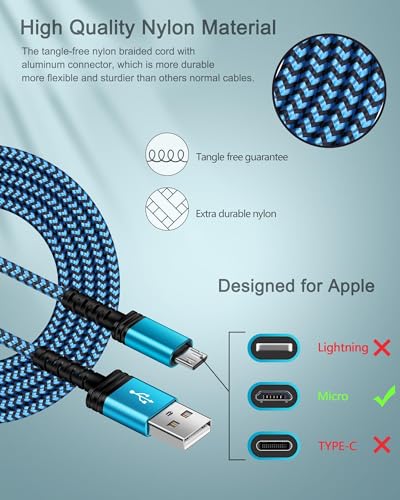 Micro USB Cable 6ft Long, Best Replacement USB to Micro-USB Android Cord - color: Blue, style: Micro USB Cable