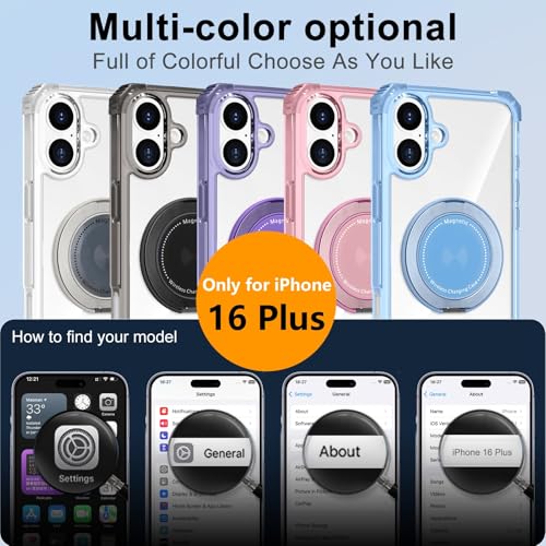 Clear Case for iPhone 16 Plus Magnetic 360 Rotatable Ring Stand | Military Grade Heavy Duty Cover with 360 Rotatable Ring Kickstand -260417 - color: Clear, size: iPhone 16 Plus