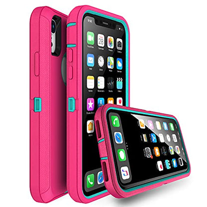 MXX Compatible with iPhone Xr Case, 3-Layer Super Protective Full Heavy Duty Body Tough Rugged Bumper Cover, Shock & Dust Proof, Designed for Apple Xr Phone Case 6.1" - color: Pink/Teal Blue