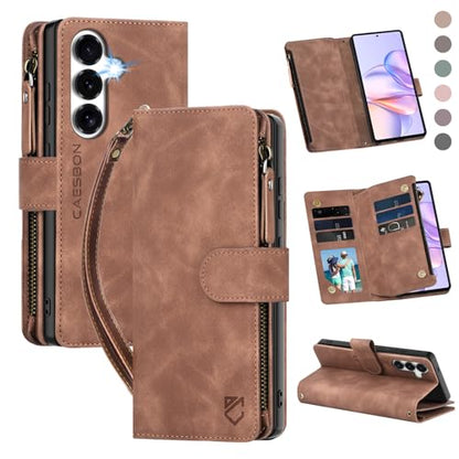 for Samsung Galaxy S26-Wallet Case: with RFID Blocking Card Slots (6 Cards) | Soft PU Leather Magnetic Snap Zipper Pocket | Crossbody Wrist Strap Protective Phone Cover - Brown - color: A Brown, size: Galaxy S26（6.3‘’）