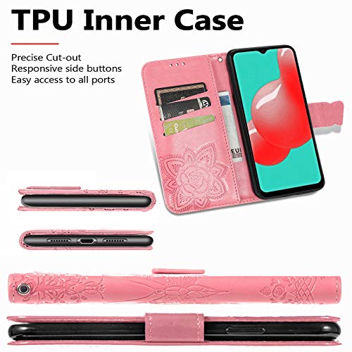 Wallet Case for Samsung Galaxy A03s with Card Holder Pink | PU Leather Flip Phone Cover,Wrist Strap,Woman Man Purse,Emboss Butterfly Flower,Stand,Shockproof TPU Shell, Magnetic Closure - color: B Pink