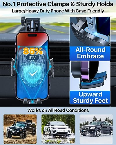 HTU Car Phone Holder【2026 Upgraded 100+LBS Suction & Safety Cert】 Cell Phone Car Mount for Truck Heavy Duty Phone Holder for Dashboard/Windshield/Vent for iPhone 17 16 Pro Max, Jet Black - color: Jet Black