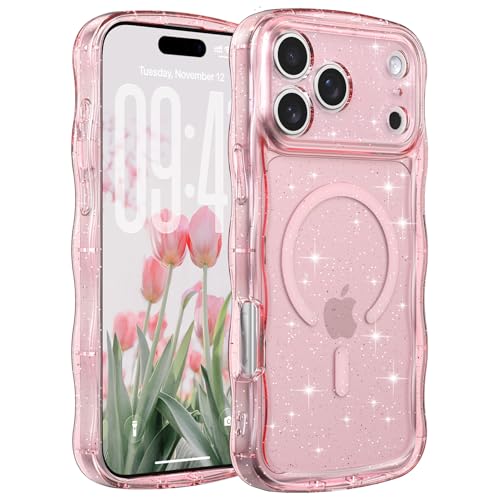 FABSPARK Glitter Case for iPhone 17 Pro Max,Fit for MagSafe,Pink | Magnetic Curly Wavy Frame | Sparkly Bling Glitter | Transparent Clear Acrylic Hard PC for iPhone 17 Pro Max,Pink - color: Glitter Clear Pink, size: for iPhone 17 Pro Max