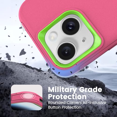 Compatible with iPhone 15, Girl's Dual Layer Shockproof Full Body Cover Military Grade Drop Protection Heavy Duty Phone Case for Apple iPhone 15/14/13 6.1 inch (Rose/Lime) - color: Rose/Lime