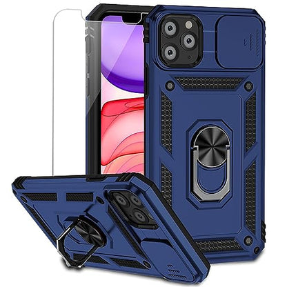 for iPhone 11 Pro Case with Camera Lens Cover HD Screen Protector, Dual Layer Military Grade Drop Protection Magnetic Ring Holder Kickstand Protective Phone Case for iPhone 11 Pro 5.8 inch (Navy Blue) - color: Navy Blue with camera cover Military-Grade 2n