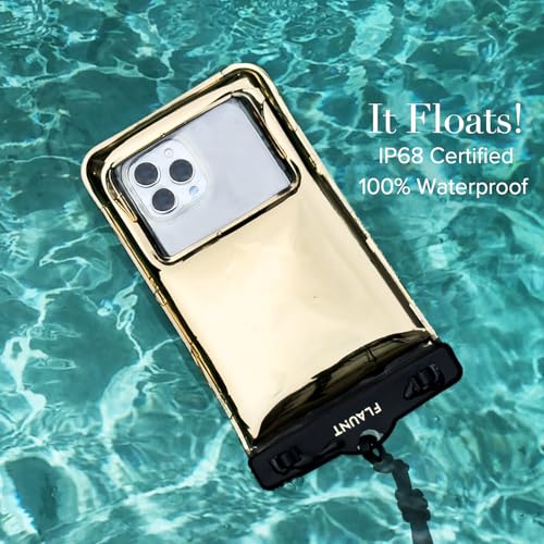 FLAUNT IP68 Waterproof Phone Pouch with Crossbody Lanyard - Gold Metallic | Large Stylish Touchscreen Floating Waterproof Phone Case - Fits All Phones and Cases - Beach Cruise Ship Travel Essentials - color: Gold Metallic
