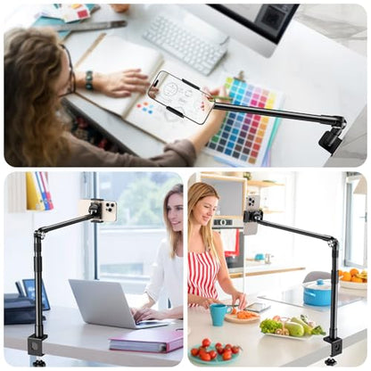 elitehood Aluminum Arm Phone Holder for Bed [360° Swivel Tilt Rotation], Adjustable Bedside Phone Holder Laying Down, iPhone Stand for Bed Desk Overhead, iPhone Clamp Mount Fit All 4-7’’ Cellphone