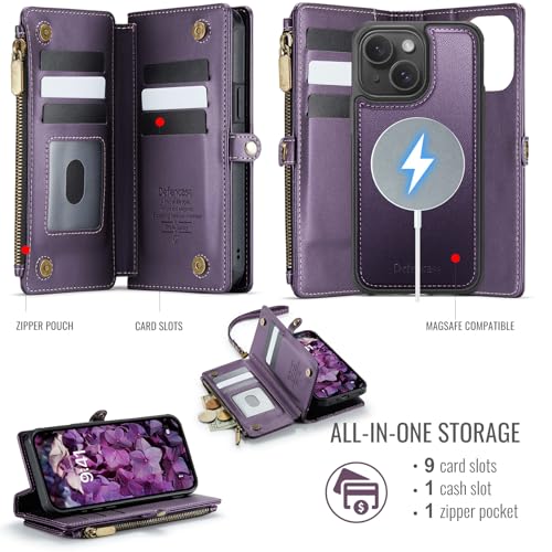 Defencase for iPhone 14 Plus Case Wallet Compatible with Magsafe, Purple | Drop-Proof Magnetic Detachable Phone Cases Cover, with RFID Bolcking Card Holder, Zipper Strap, PU Leather, Removable Wallet - color: (Detachable with Magsafe)-Purple