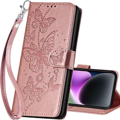 for iPhone 15 Plus Wallet case, Rose Gold-Butterfly | 3 Card Holders, Kickstand, Shockproof TPU Shell, PU Leather, Magnetic Closure, Protective Flip Folio Cover, Women - color: 6
