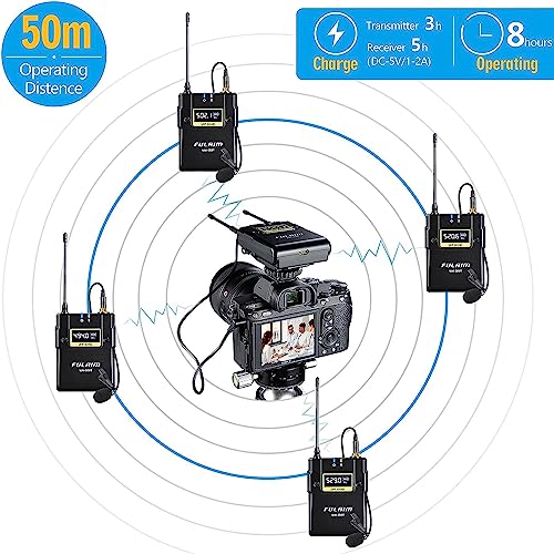 FULAIM WM500 UHF Wireless Lavalier Microphone System, 16-Channel Lavalier Lapel Mic with Rechargeable Transmitter and Receiver for Recording YouTube, Interview, Vlogging, Conference - 4 X Transmitters