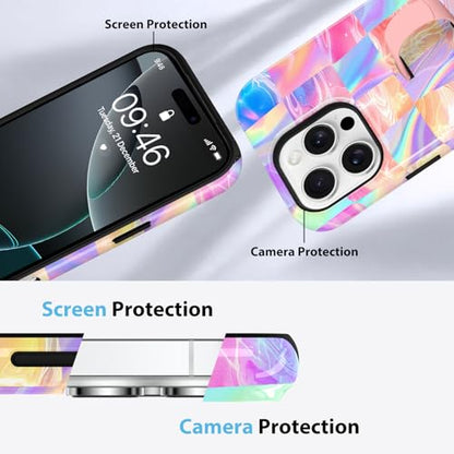 KANGHAR Compatible with iPhone 16 Pro Case Checkered -Iridescent | Silicone Cute Pattern, Finger Hold Wristband Kickstand Camera Protection Soft Slim Phone Case for Girls Women - color: (Checkered)Iridescent Gradient, size: iPhone 16 Pro