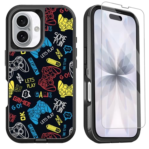 for iPhone 17 Case with Screen Protector Funny Game Men Boys Design, 3-Layer Full Body Rugged Shockproof Heavy Duty Protective Phone Case for iPhone 17, 6.3inch Blue - color: Blue