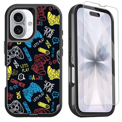 for iPhone 17 Case with Screen Protector Funny Game Men Boys Design, 3-Layer Full Body Rugged Shockproof Heavy Duty Protective Phone Case for iPhone 17, 6.3inch Blue - color: Blue