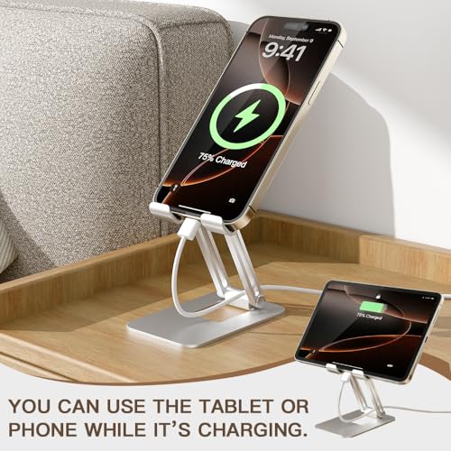 Phone Stand Holder for Desk Cell Phone iPhone 16 17 18 Pro Max Adjustable Foldable Portable Metal Desktop Office Table Bedside Nintendo Switch 2 Airplane Travel