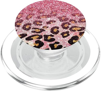 Cute Pink Leopard Print Pattern Fashion Design on Black PopSockets PopGrip for MagSafe - style: Magnetic PopGrip