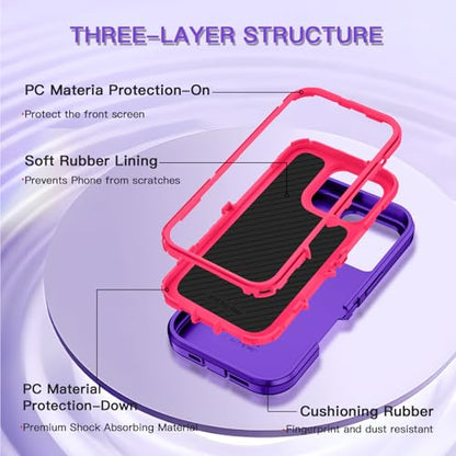 for iPhone 16 Pro Max Case Heavy Duty Protective Shockproof Dropproof 3-Layer Full Body Protection [Without Screen Protector] Tough Rugged Cover for iPhone 16 Pro Max 6.9",Navy Purple/Pink - color: Navy Purple/Pink