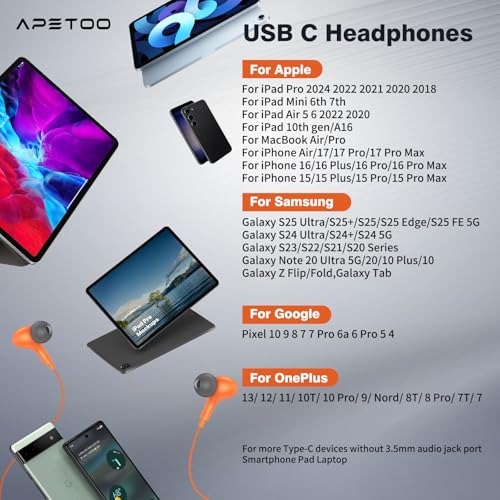 USB C Headphones for iPhone 18 Pro Max 17 16 15/Galaxy S26 FE Wired Earbuds - color: Orange