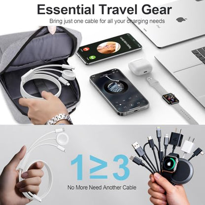 Travel Essentials for Apple Watch Charger,100W 3 in 1 Charger Cable with USB C, Lightning, iWatch Charger for iPhone, MacBook, iPad, Samsung, Google Pixel, iWatch Ultra 1-10 [Apple MFI Certified]