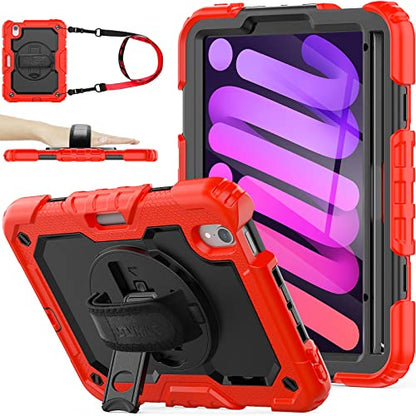 SEYMAC stock Case for iPad mini 7 (A17 Pro) 2024/ Mini 6 8.3'' with Screen Protector Pencil Holder [360 Rotating Hand Strap] &Stand, Drop-Proof Case for iPad mini 7th/6th Generation 8.3", Black+Red - color: Black+Red