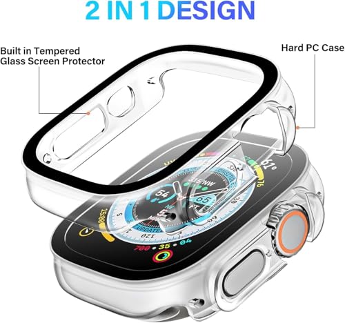 Smiling 2 Pack Case Compatible with Apple Watch Ultra 3(2025)/ Ultra 2 /Ultra 49mm with Tempered Glass Screen Protector, Hard PC Case Scratch-Resistant Overall Protective Cover -Transparent - color: Transparent, size: 49mm