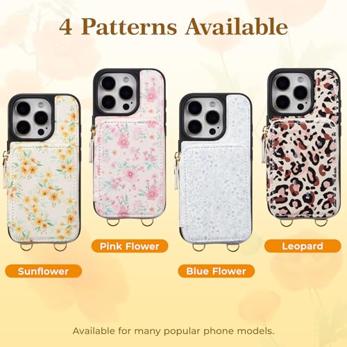 ZCDAYE Zipper Crossbody Wallet Case for iPhone 15 Pro Max, Sunflower | Flip Folio PU Leather, Practical Card Holder, Adjustable Lanyard Strap, RFID Blocking, Warm Sunflower Girly Phone Case - color: Sunflower, size: iPhone 15 Pro Max