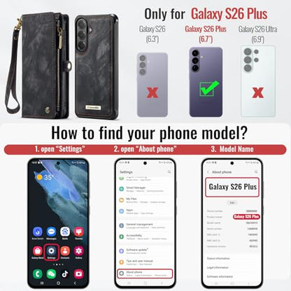 Compatible with Samsung Galaxy S26+ Plus Wallet Case with Magsafe with Zipper & Card Holder Strap Wristlet Detachable Magnetic Protective Back Case for Galaxy S26+ Plus 5G 6.9 Inch (Black) - color: (Detachable and Magsafe)-Black, size: S26+ Plus 6.9 Inch