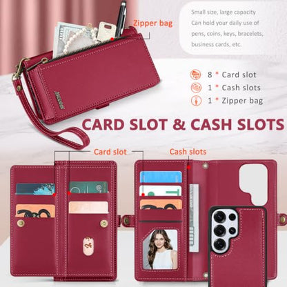 for Samsumg Galaxy S25 Ultra Wallet Case, Detachable Magnetic Shockproof Phone Case,Faux Leather Crossbody Wallet,with RFID Blocking，Zipper Card Holder，Shoulder Strap (Red) - color: Red, size: Samsumg Galaxy S25 Ultra