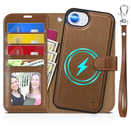 TUCCH 2-in-1 Detachable Wallet Case for iPhone 17e/16e (6.1"), Brown | 4 Card Holders, RFID Blocking, Wireless Charging, Kickstand, Wrist Strap, Shockproof TPU, PU Leather, Magnetic, Folio Cover - color: Brown