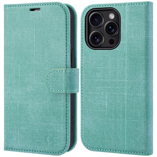 OCASE Compatible with iPhone 16 Pro Wallet Case, PU Leather Flip Folio Case with Card Holders RFID Blocking Kickstand [Shockproof TPU Inner Shell] Phone Cover 6.3 Inch 2024, Denim Green | RFID Blocking, Flip Case, Magnetic Clasp, PU Leather Wallet Case, K
