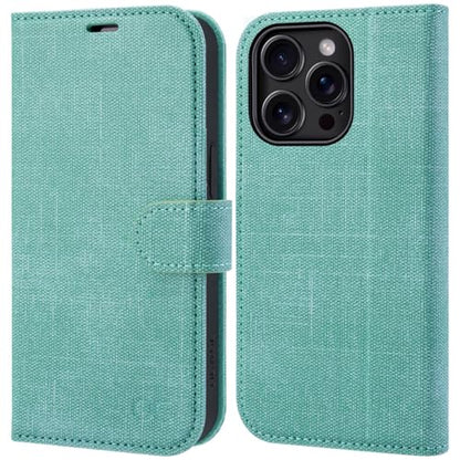 OCASE Compatible with iPhone 16 Pro Wallet Case, PU Leather Flip Folio Case with Card Holders RFID Blocking Kickstand [Shockproof TPU Inner Shell] Phone Cover 6.3 Inch 2024, Denim Green | RFID Blocking, Flip Case, Magnetic Clasp, PU Leather Wallet Case, K