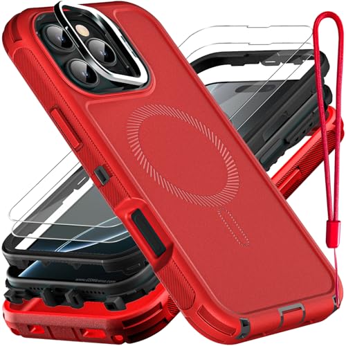 YKHJKLEC for iPhone 16 Pro Case, Military Grade 3 in 1 Heavy Duty Shockproof/Drop Proof/Dust Proof with Kickstand Case, with 2 x Tempered Glass Screen Protector & 1 x Wrist Strap (ZJ-Red/Black) - color: ZJ-Red/Black