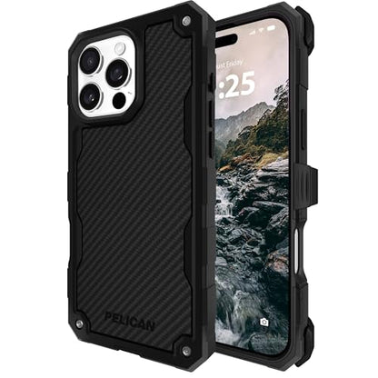 Pelican Shield iPhone 16 Pro Max Case - Rugged MagSafe Phone Case - Carbon | Magnetic Phone Case w/21ft Military Grade Drop Protection - Phone Cover w/ Belt Clip Holster Kickstand for iPhone 16 Pro Max - color: Carbon