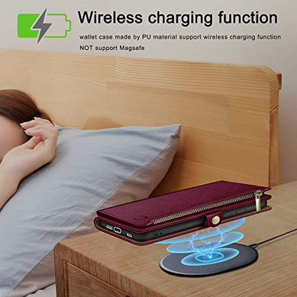 XcaseBar compatible with ‌iPhone 16e 6.1"/17e 6.1" Wallet case with Zipper Credit Card Holder【RFID Blocking】,Flip Folio Book PU Leather Phone case Shockproof Cover Women Men for Apple16e case Wine Red - color: Wine Red