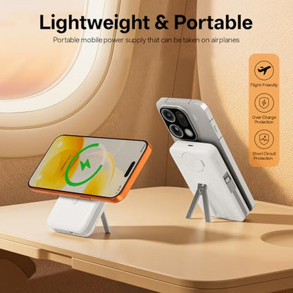 Q Magnetic Wireless Portable Charger 10,000mAh, Travel Essentials Power Bank with Built-in Cables & Foldable Stand, External Battery Pack Compatible with iPhone 17/16/15/14/13/12, Apple Watch - color: White