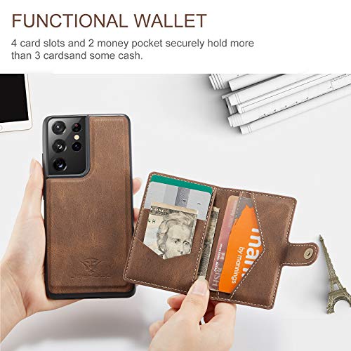 Simicoo Compatible with Samsung S22 Ultra Detachable Magnetic Wallet case Credit Card Holder Money Clip Front Pocket Stand Leather Men Women Wallet Double Shockproof Samsung S22 Ultra (Brown) - color: Brown