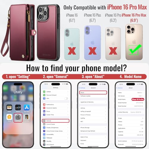 Defencase for iPhone 16 Pro Max Case Wallet Compatible with Magsafe, W-Red | Drop-Proof Magnetic Detachable Phone Cases Cover, with RFID Bolcking Card Holder, Zipper Strap, PU Leather, Removable Wallet - color: (Detachable with Magsafe)-Wine Red