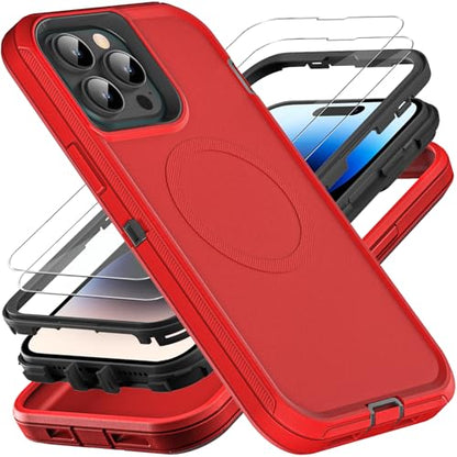 YKHJKLEC for iPhone 14 Pro Case, Compatible with Magsafe, Military Grade 3 in 1 Heavy Duty Shockproof/Drop Proof/Dust Proof Case with 2Pcs Tempered Glass Screen Protector (New-Red/Black) - color: New-Red/Black